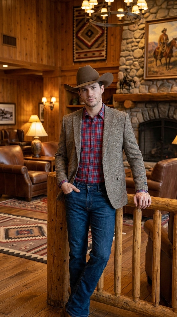 Men’s Light Brown Western Blazer – Textured Tweed Herringbone Cowboy Sport Coat for Rodeo, Country Taupe Dark Tan Color Wool Fabric