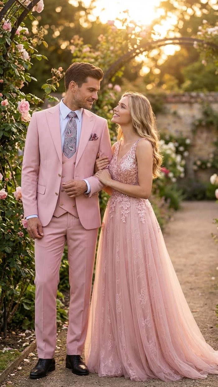 Men’s Blush Pink and Gold Three-Piece Suit – Tailored Fit Formal Wedding, Vested Suit By Rossiman Modern Fit