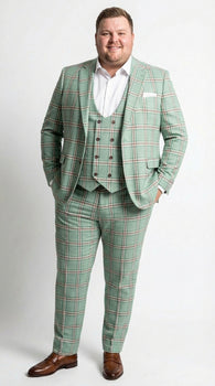Mint Green Plaid Three Piece Suit for Men | Classic Checkered Formal Suit with Jacket Vest and Pants By Rossiman