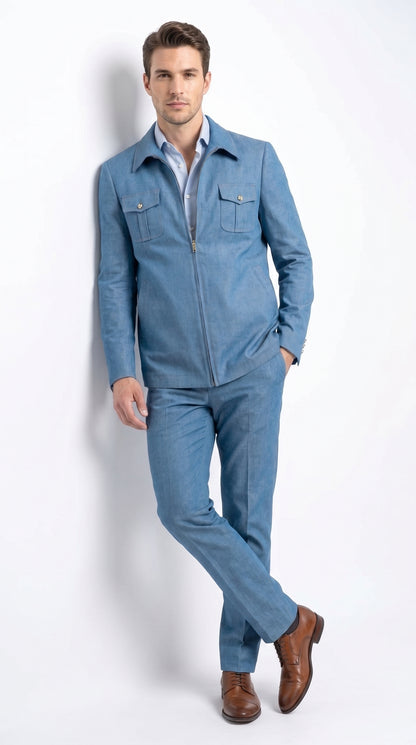 Men’s Light Blue Walking Suit – 2 Piece Casual Leisure Set with Zip Front Jacket Denim Style