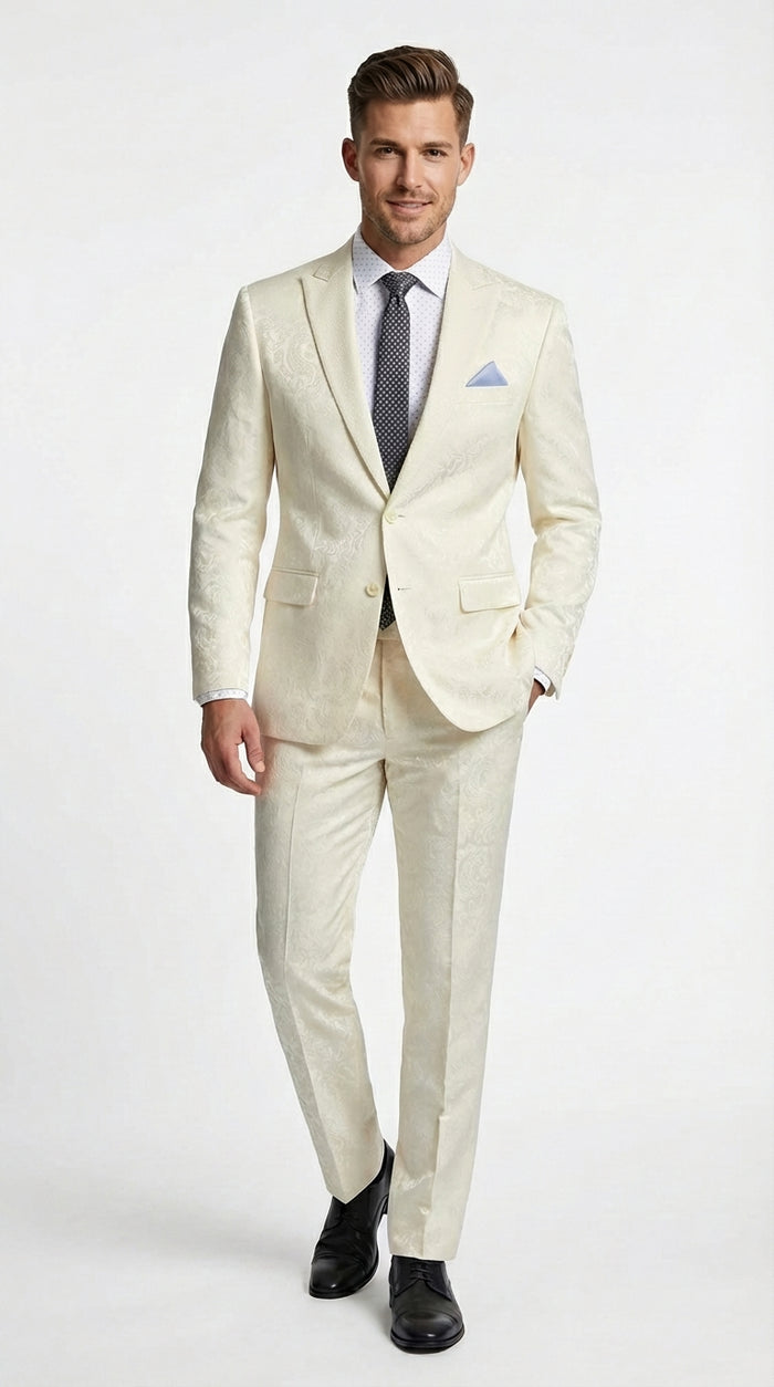 Men’s Ivory Paisley Shiny Suit – Flroal Formal Wedding and Prom Suit for Party, in Cream Off White Modern Fit