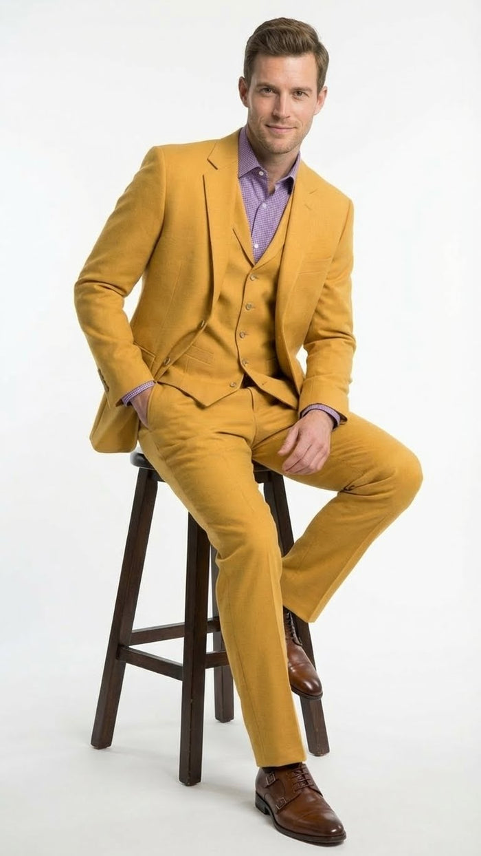 Men’s Mustard Yellow Three Piece Suit | 2 Button Notch Lapel in Gold Color - Church Suit Modern Fit