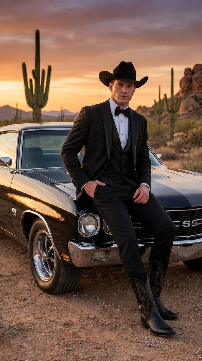 Black Western Tuxedo for Men | Classic Three Piece Formal Wedding Peak Lapel with Trim Collar Cowboy Suit - Image 9