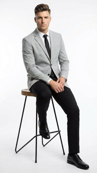 Men’s Light Grey Slim Fit Blazer Sport Coat with Black Pants | Premium Formal and Smart Casual Outfit