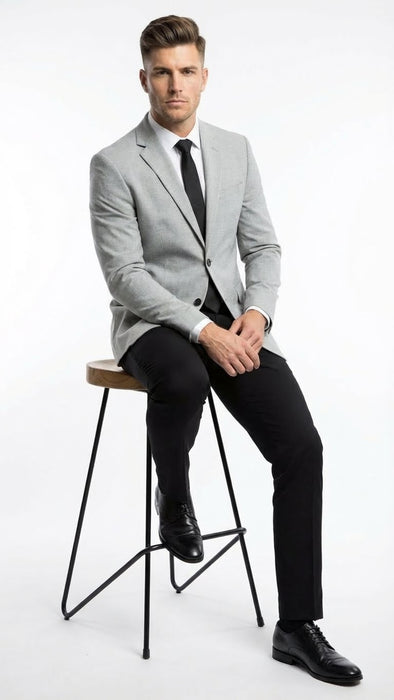 Men’s Light Grey Slim Fit Blazer Sport Coat with Black Pants | Premium Formal and Smart Casual Outfit