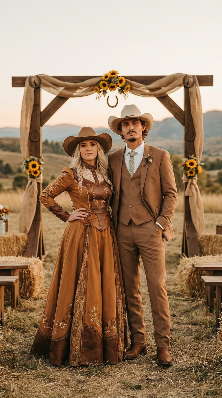 Mens Camel Brown Copper Western 3 Piece Suit – Classic Country Style Blazer Vest Pants Set, Formal Cowboy Suit Outfit