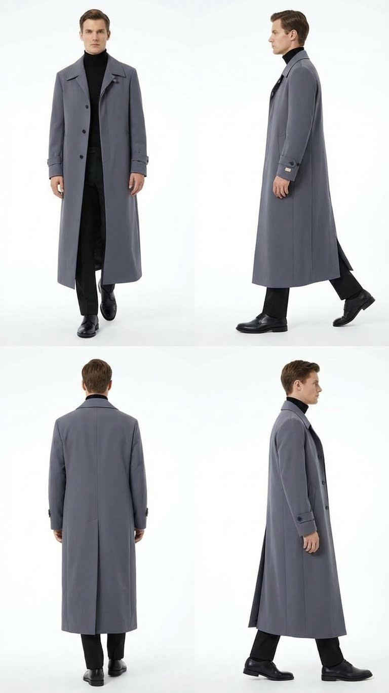 Men’s Full-Length Charcoal Grey Overcoat – Premium Microfiber Blend Long Dress Coat for Winter and Formal Wear in Gray Color