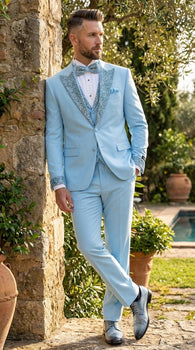 Mens Light Blue 3 Piece Prom Tuxedo – Sky Blue Formal Suit with Sequin Lapel Wedding Party Tuxedo Set in Baby Blue