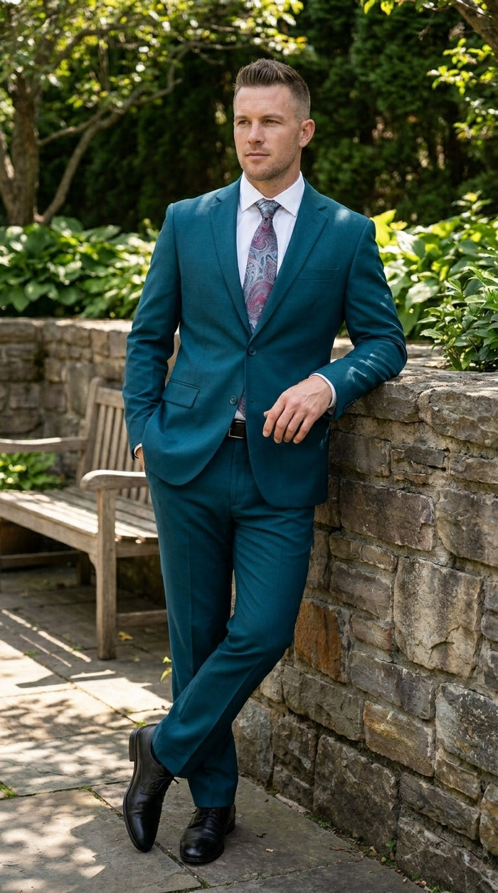 Discounted Sale Clearance Men's Two Buttons Dark Teal 2-piece suit Flat Front Pants