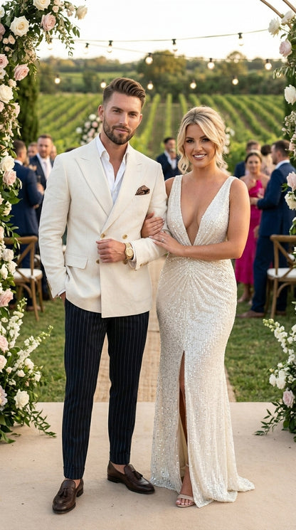 Man and woman in formal attire standing in a vineyard setting with floral decorations.