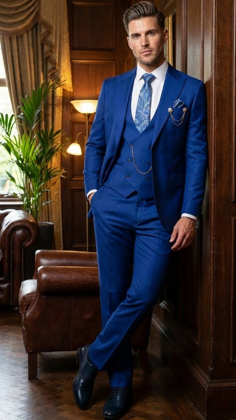 Men’s Royal Blue 3 Piece Suit Set with Vest – Formal Wedding and Party Wear Suit - Saphire Cobalt blue Modern Fit