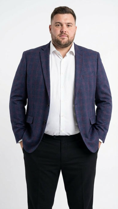 Men’s Big and Tall Navy Blue with Burgundy Plaid Jacket and Sport Coat – Wool Blazer