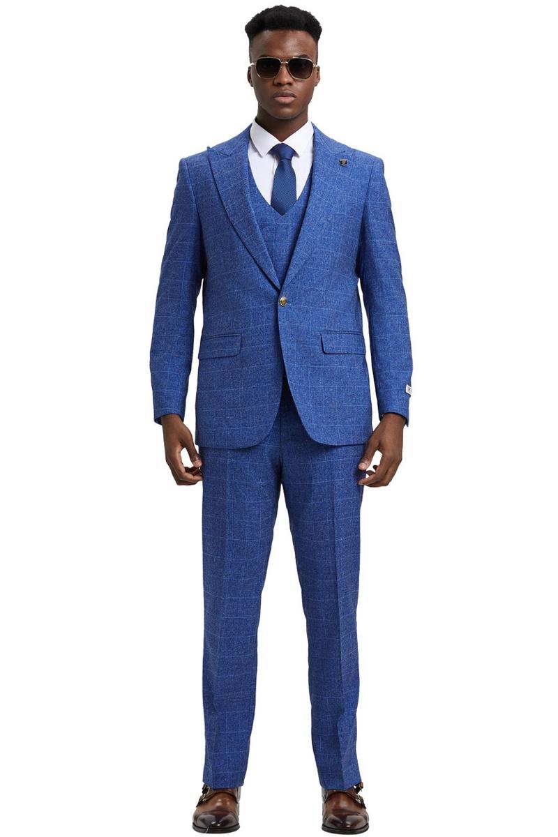 Men's Stacy Adam's One Button Vested Peak Lapel Business Suit in Navy Blue Plaid