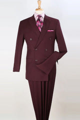 Apollo King Designer Brand + Mens Classic Double Breasted Luxury Wool Feel Suit in Burgundy