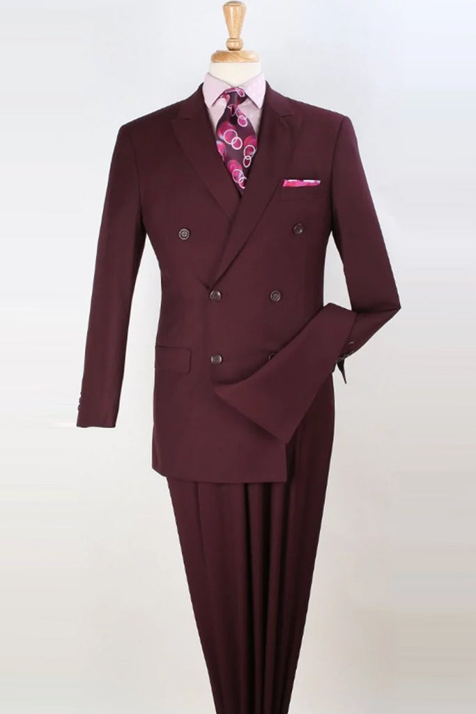 Apollo King Designer Brand + Mens Classic Double Breasted Luxury Wool Feel Suit in Burgundy