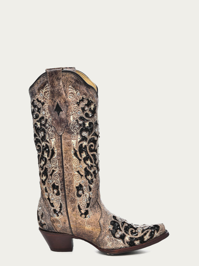 Corral Women's Black Glitter Inlay Crystal Snip Toe Cowboy Boots - Image 2