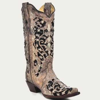 Corral Women's Black Glitter Inlay Crystal Snip Toe Cowboy Boots