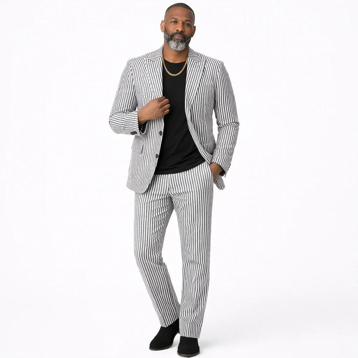 Mens Premium Cotton Seersucker Stripe Suit – Black Modern Fit