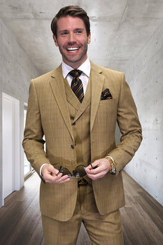 Men's Designer Wool Vested Windowpane Plaid Suit in Bronze