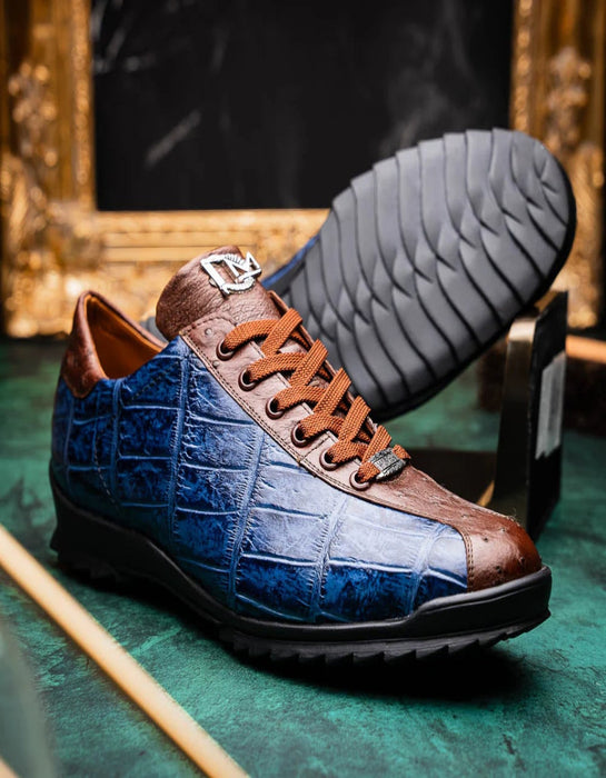 Marco Di Milano Saulo Men's Shoes Blue & Brown Exotic Ostich / Alligator Casual Sneakers