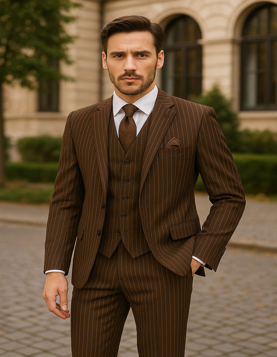Men's Brown Pinstripe 3-Piece Suit with Matching Vest – Classic Fit Business and Formal Attire Brown / 46 Long Jacket+40 Waist Adjust 36 to 42)(Height