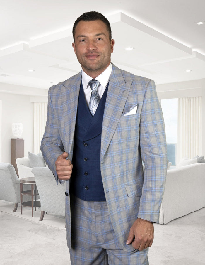 Statement Men's 3 Piece 100% Wool Powder Blue Suit - Double Breasted Vest Modern Fit