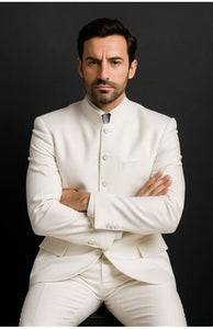 Designer Brand Men'S White 5 Button Mandarin Collar Suits For Men - All White Suit