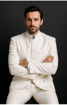 Designer Brand Men'S White 5 Button Mandarin Collar Suits For Men - All White Suit - Image 3