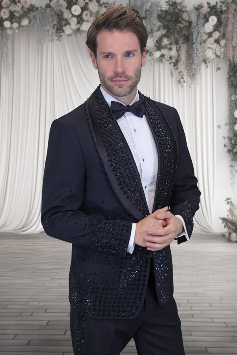 Mens Designer Black Flower Rhinestone Studded Prom and Wedding Tuxedo in Black