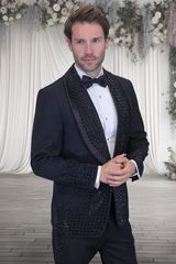 Mens Designer Black Flower Rhinestone Studded Prom and Wedding Tuxedo in Black