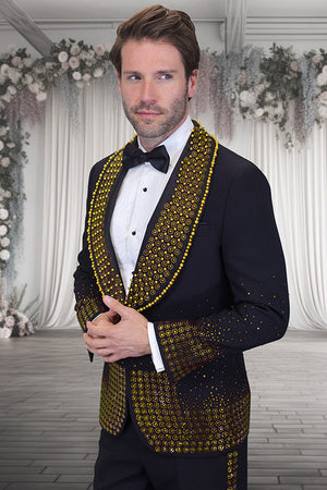 Men's Designer Gold Flower Rhinestone Studded Prom & Wedding Tuxedo in Black