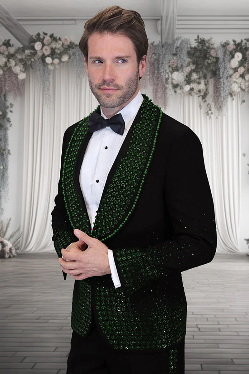 Mens Designer Hunter Green Flower Rhinestone Studded Prom and Wedding   MensUSA