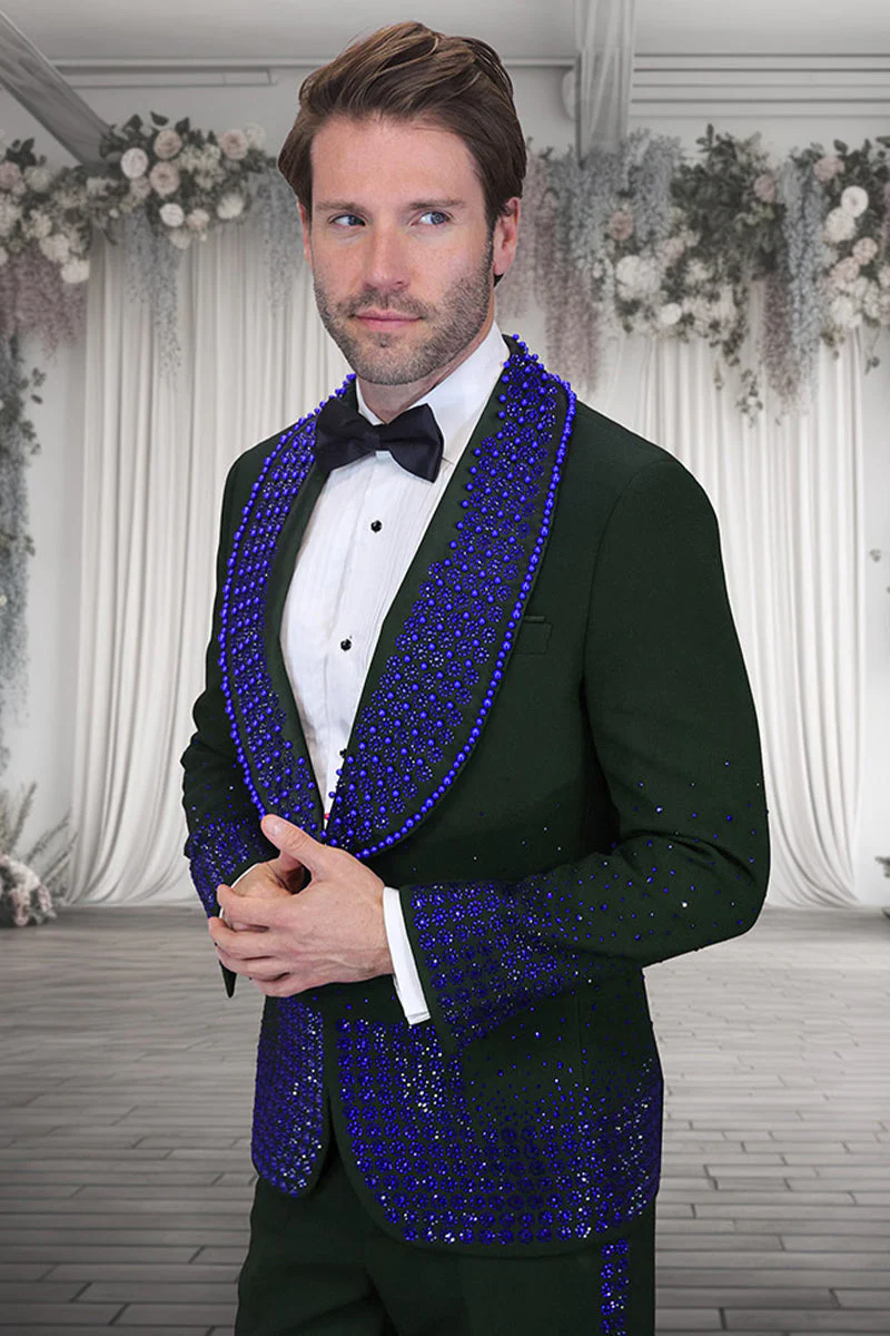 Mens Designer Royal Blue Flower Rhinestone Studded Prom and Wedding Tuxedo in Black