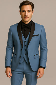 Men's Light Blue Tuxedo 3-Piece Suit with Black Shawl Lapel – Formal Wedding & Prom Attire in Steel Blue