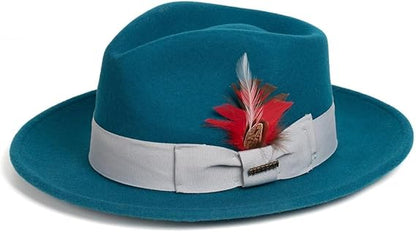 Gangster 100% Australian Wool Crushable Mens Fedora Hat - Removable Feather Gangster Look Brimmed Mens Fedora Hat