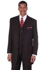 Men's Vintage Vested Gangster Bold Pinstripe Fashion Suit in Black and Red