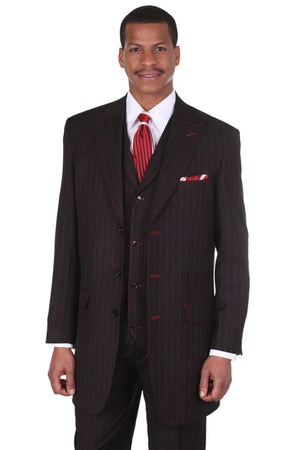 Men's Vintage Vested Gangster Bold Pinstripe Fashion Suit in Black and Red