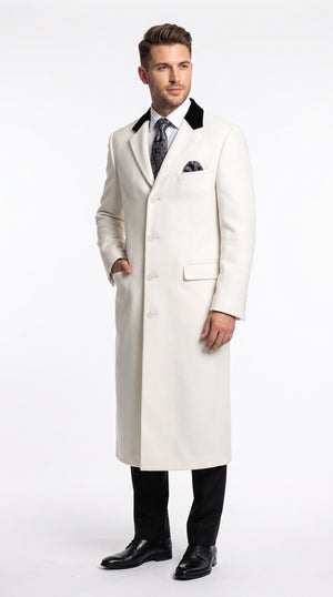 Men’s Winter White Chesterfield Overcoat, Wool and Cashmere Full Length Dress Coat