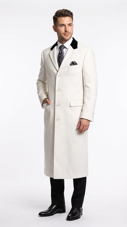 Men’s Winter White Chesterfield Overcoat, Wool and Cashmere Full Length Dress Coat