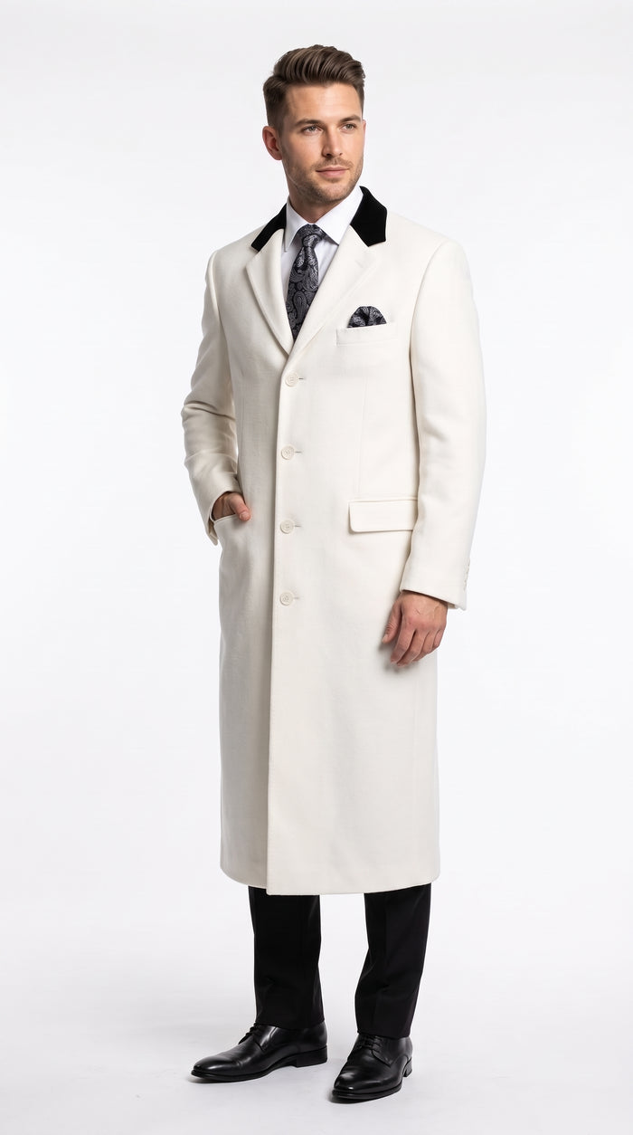 Men’s Winter White Chesterfield Overcoat, Wool and Cashmere Full Length Dress Coat