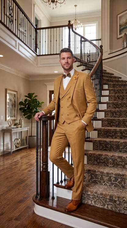 Men’s Camel Classic Fit 3 Piece Suit, Vested Formal Wedding Prom Suit with Knee Lined Pants