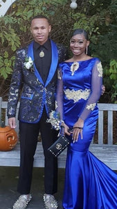 Alberto Nardoni Two Button Floral Pattern Blue Shawl Lapel Suit