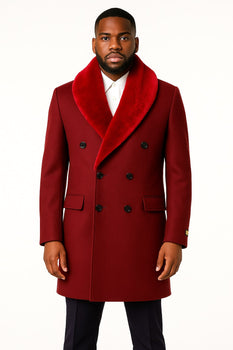 Mens Double-Breasted Burgundy Overcoat with Red Faux Fur Shawl Collar – Alberto Nardoni Winter Coat