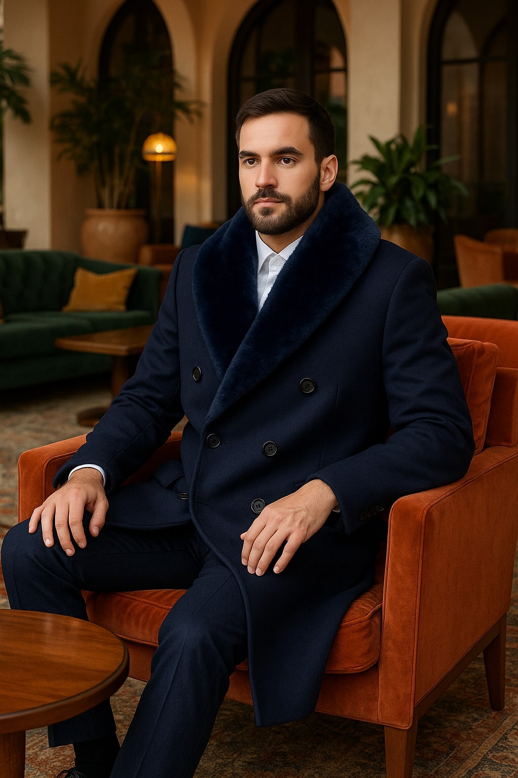 Mens Double-Breasted Navy Overcoat with Plush Blue Faux Fur Collar – Alberto Nardoni Winter Coat - Image 3