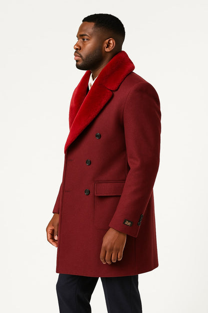 Mens Double-Breasted Burgundy Overcoat with Red Faux Fur Shawl Collar – Alberto Nardoni Winter Coat - Image 2