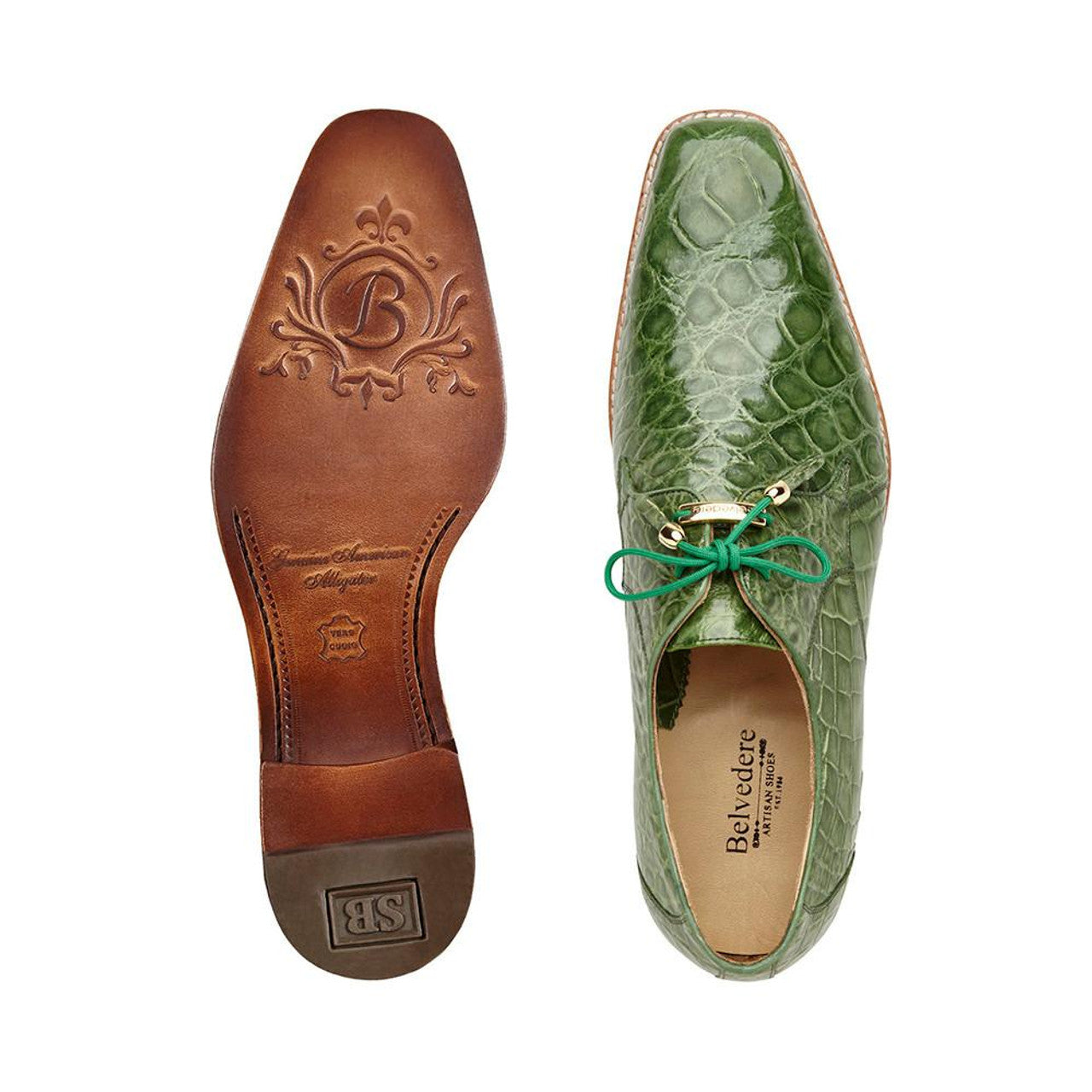 Belvedere Men's Alligator Oxford Shoes Pistacchio Green Lago - Image 3