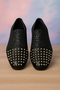 Men's Black Glitter Loafers with Spike Studded Toe – Designer Slip-On Dress Shoes for Parties and Events