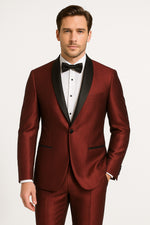 Men's Burgundy Shiny Tuxedo with Black Satin Shawl Lapel – Ultra Slim Fit Party & Prom Suit