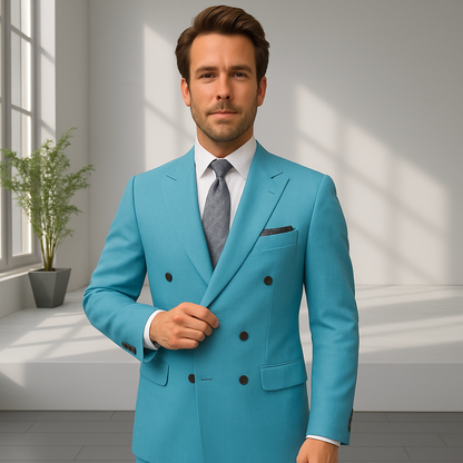Wool Suit - Italian Made Business Suit by Statement Men's 2 Piece 100% Wool Double Breasted Suit - Pinstripe Pattern Modern Fit