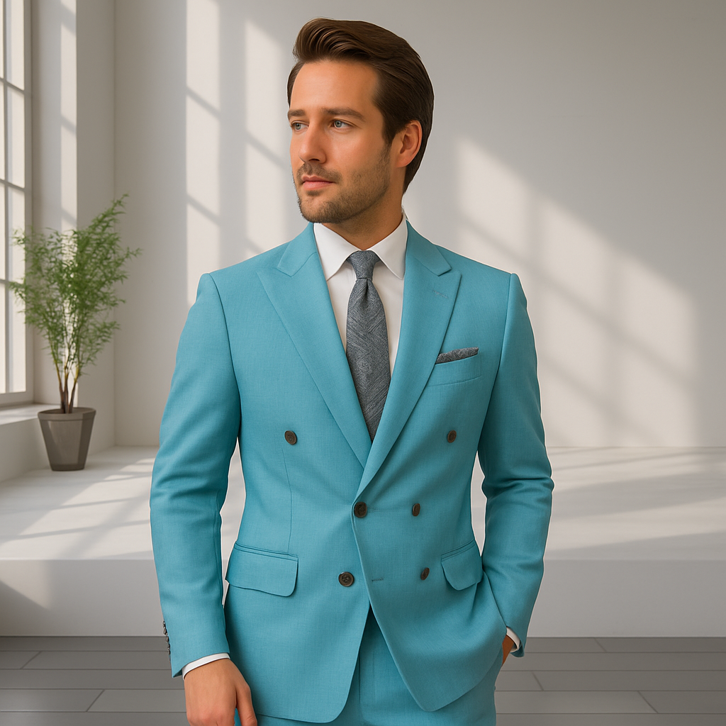 Wool Suit - Italian Made Business Suit by Statement Men's 2 Piece 100% Wool Double Breasted Suit - Pinstripe Pattern Modern Fit